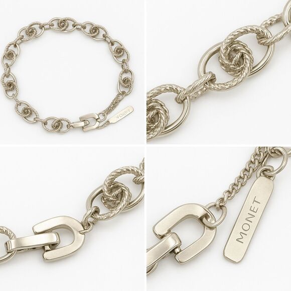 Monet Silver Tone Twisted Rope Link Bracelet Safety Chain Vintage Jewelry 7.5" - Picture 3 of 3